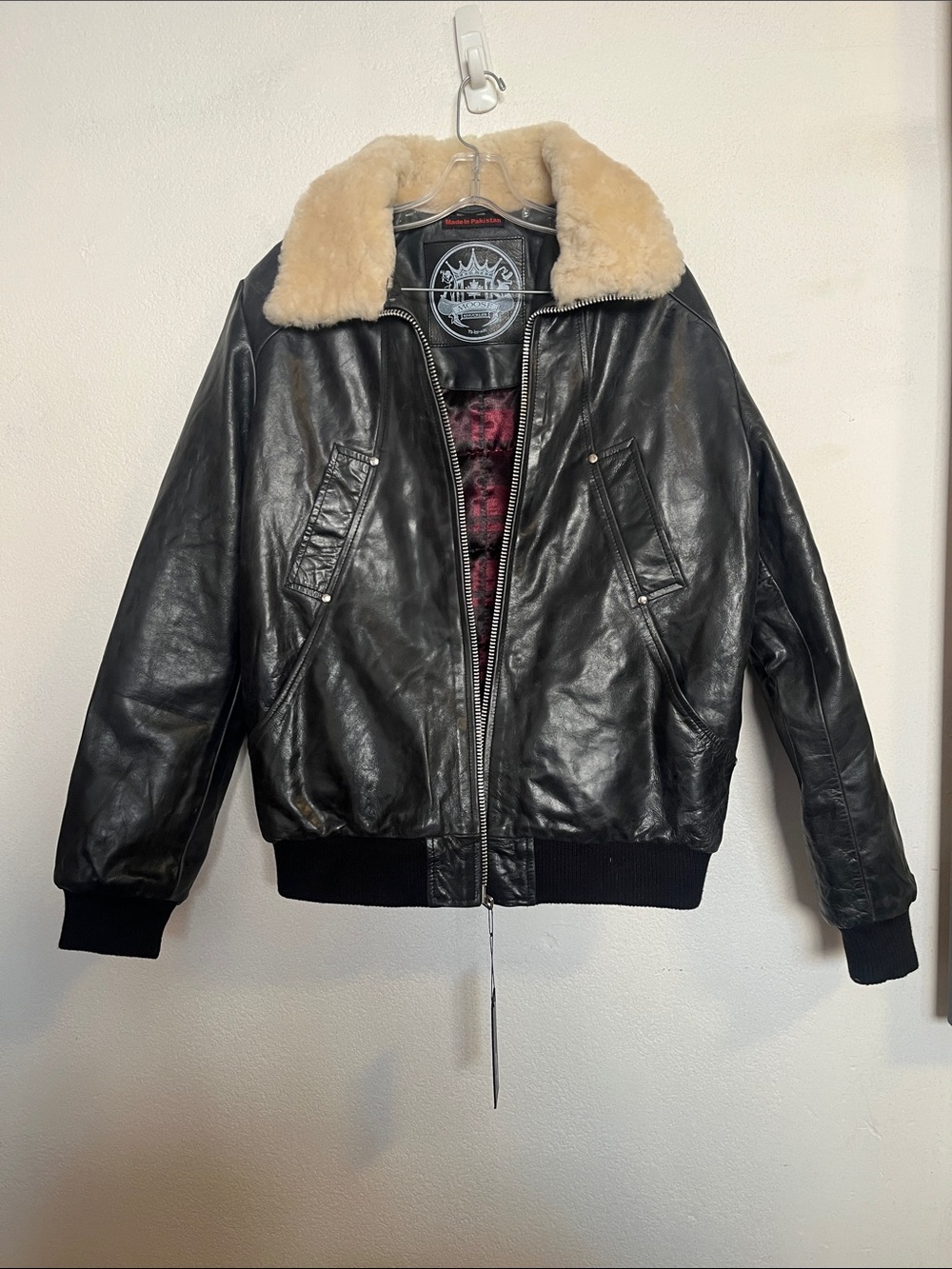 Moose Knuckles Black Leather Bomber with Cream Shearling Collar